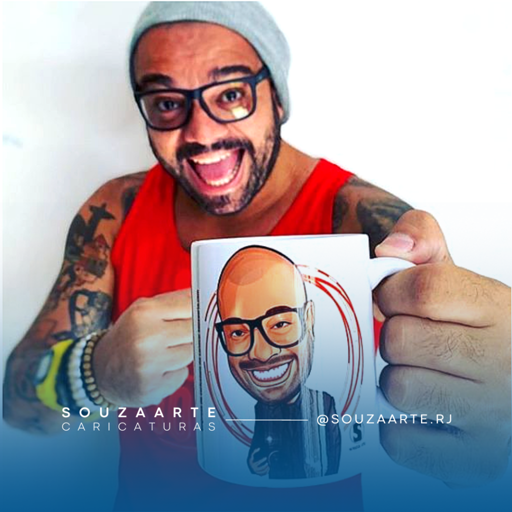 Caricatura Digital com personalização em caneca da SouzaArte.