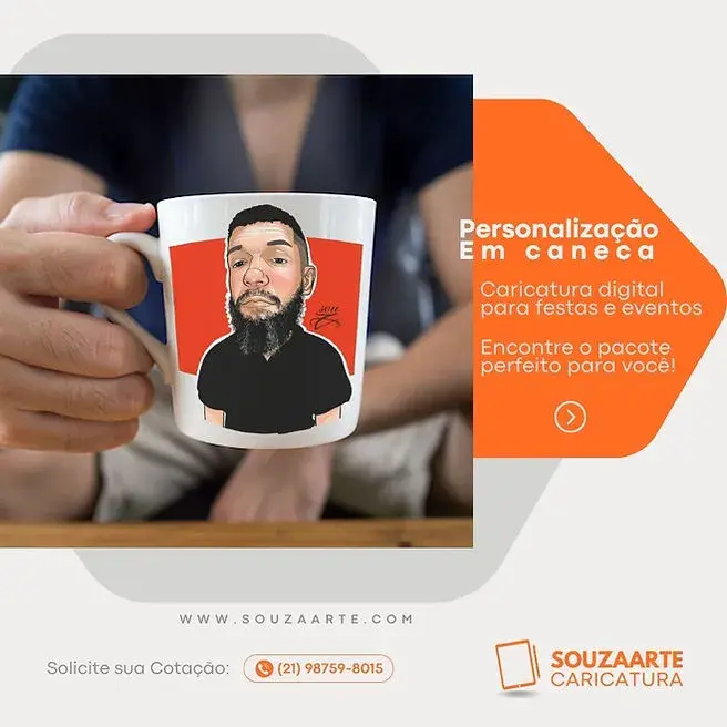 Miniatura: Personalização em Caneca - Caricatura digital para festas e eventos Homem segurando a caneca com suas caricaturas