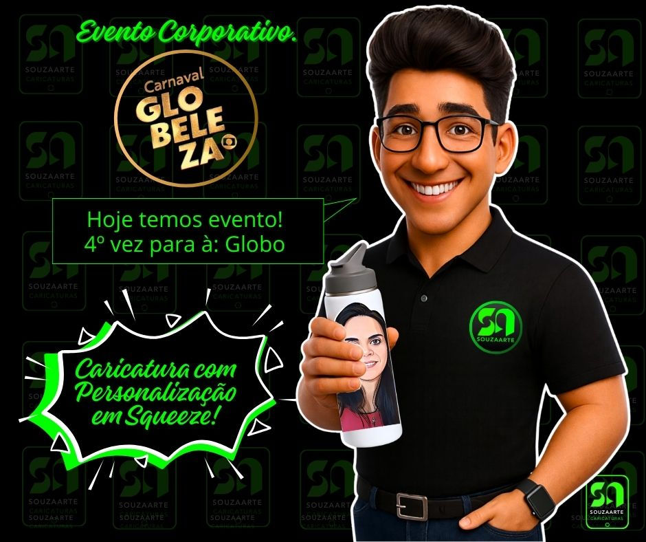 Descubra como a SouzaArte elevou o brinde no evento: Carnaval Globeleza com caricatura digital ao vivo e personalização de squeezes. Referência há 26 anos no RJ. 