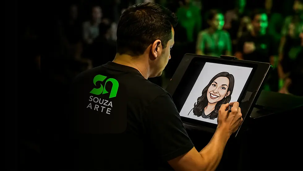 Artista da SouzaArte caricaturando em palestra