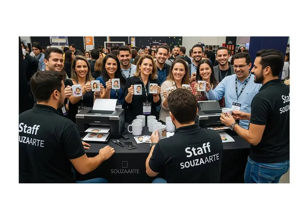 Caricatura digital com personalização em canecas da SouzaArte: o toque exclusivo que transforma seu evento