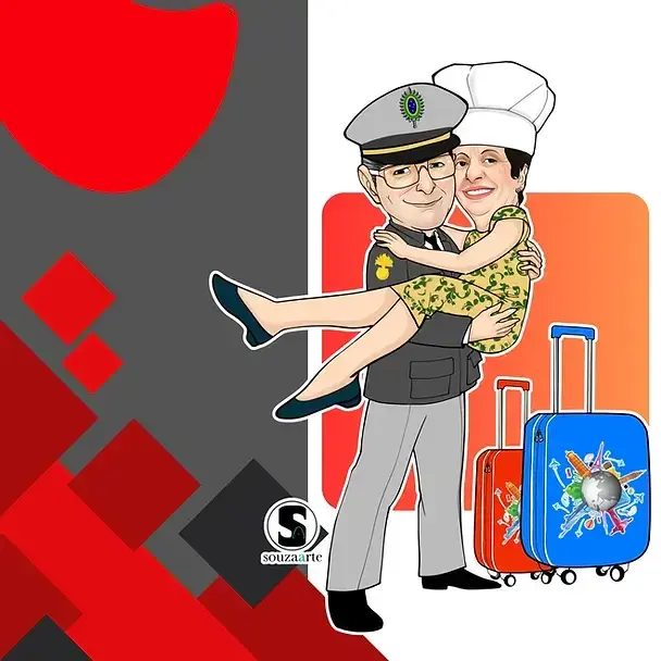 Caricatura de um casal em trajes formais para um evento de casamento. Noivo : Usando terno azul marinho com gravata e boutonn