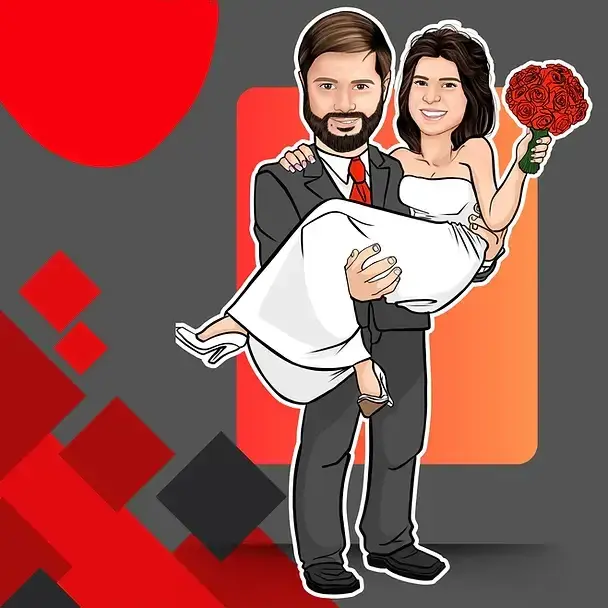 Caricatura de um casal em trajes formais para um evento de casamento. Noivo : Usando terno azul marinho com gravata e boutonn