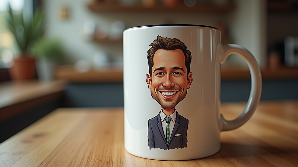 Close-up view of a caricature printed on a personalized mug