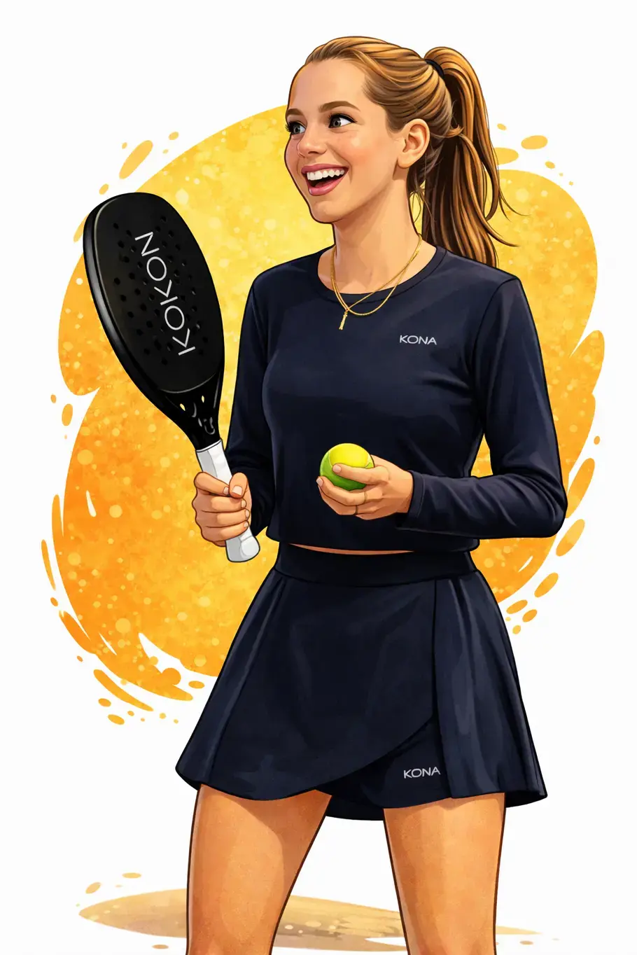 Atleta: Elena, com a sua tradicional pose de saque. Caricatura digital feita pela empresa SouzaArte Caricaturas. Pé na areia, joelhos reto, em um belo sorriso, enquanto segura com uma das duas mãos a raquete e a outra com a bola em outra mão.