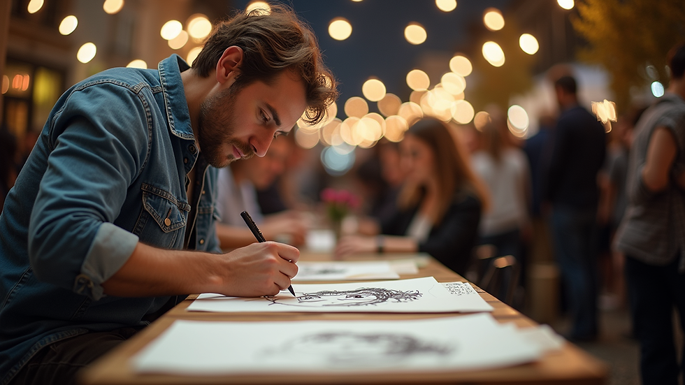 Eye-level view of artist drawing a caricature at a lively event