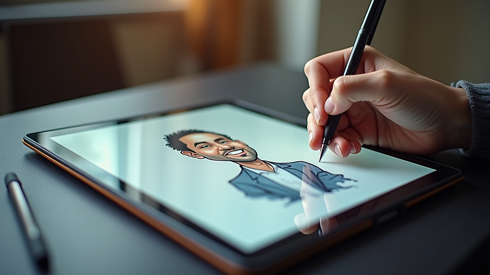 Eye-level view of a digital caricature artist working on a tablet