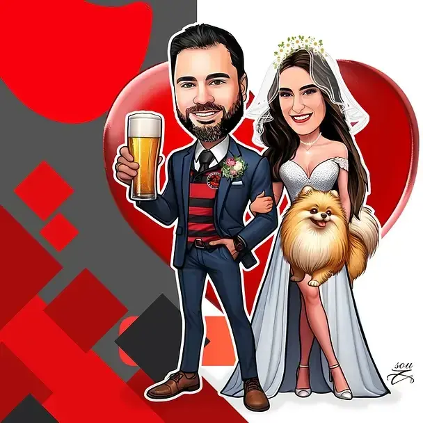 Caricatura de um casal (noivo e noiva) em uma promoção especial. Noivo : Usando terno azul com gravata vermelha e boutonnière