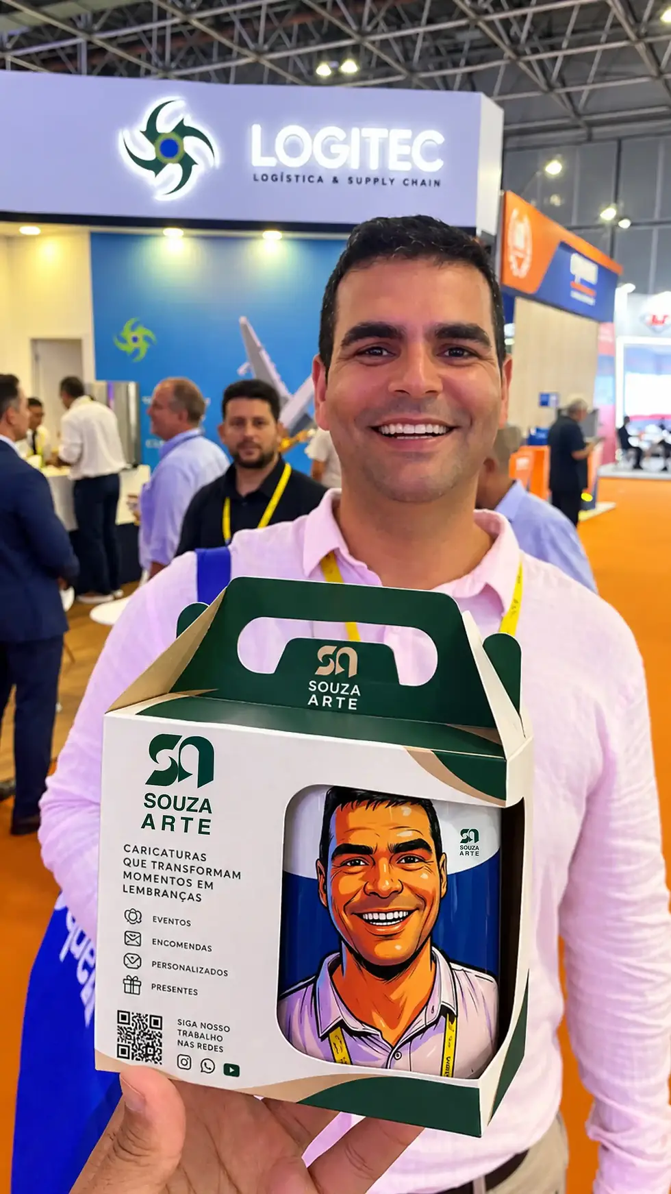 Caneca com a caixinha e a caricatura da SouzaArte no evento da ROG-E 23 de set. de 2026, 1