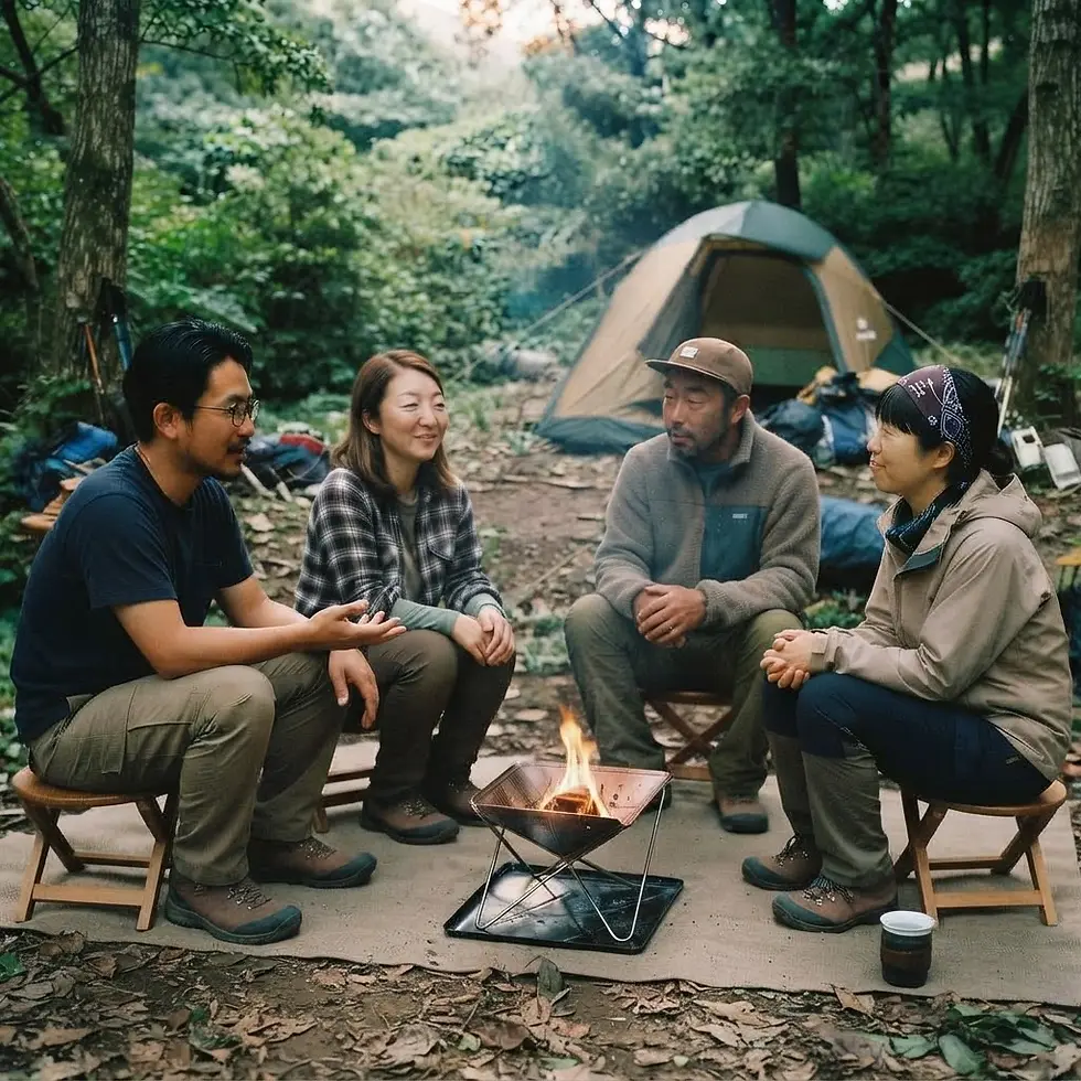 Lifestyle photography of four people gathered around a campfire in a forest. The group is enjoying a relaxed camping trip.