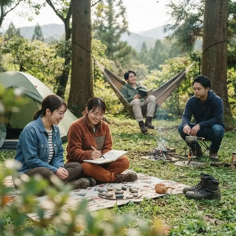Candid outdoor photography showing a group of friends enjoying a peaceful camping trip in a forest. They are gathered on a blanket near a campfire, with one person relaxing in a hammock.
