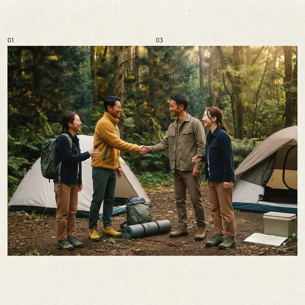 Outdoor photography of two men greeting each other with a handshake at a forest campsite. Tents and lush trees provide a natural backdrop.