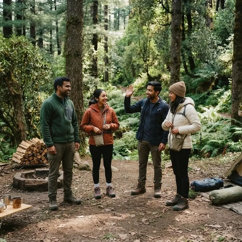 Nature photography of four friends camping in a forest. They are smiling and chatting in a clearing surrounded by trees, with camping gear around them.