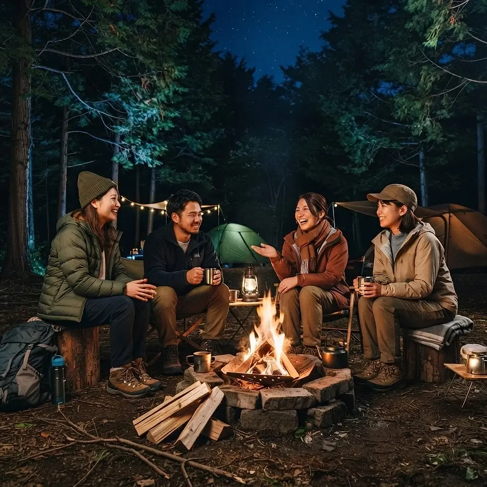 Digital photography of four people sitting around a campfire at night in a forest. The scene evokes a cozy and social atmosphere during a camping trip.