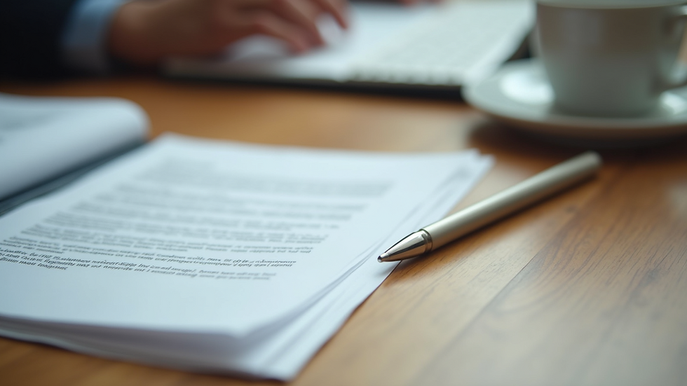 Close-up view of legal documents and a pen on a wooden desk