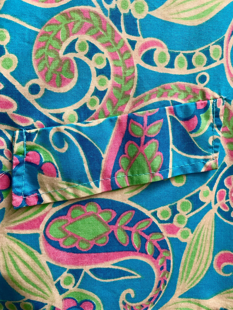 Thumbnail: Little girls 60s blue paisley psychedelic summer dress close up view