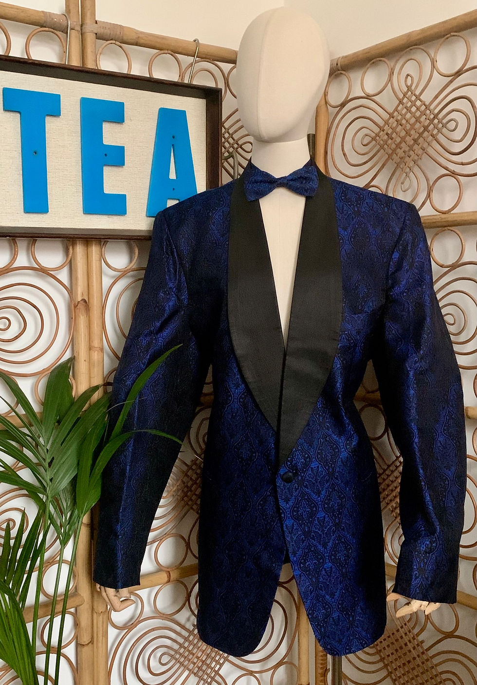 Thumbnail: Vintage Royal Blue Black Taj Mahal Jacquard Dinner Jacket Tie Set Front View