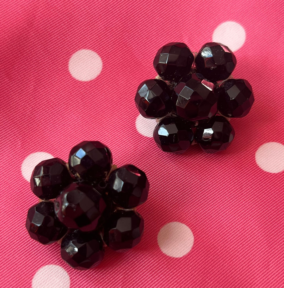 Vintage 60s Black Glass Clip On Earrings Above Close Up View