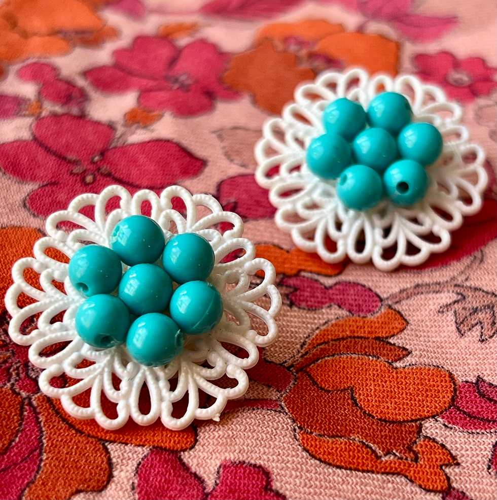 Original Vintage White Turquoise Clip On Earrings Front Side View