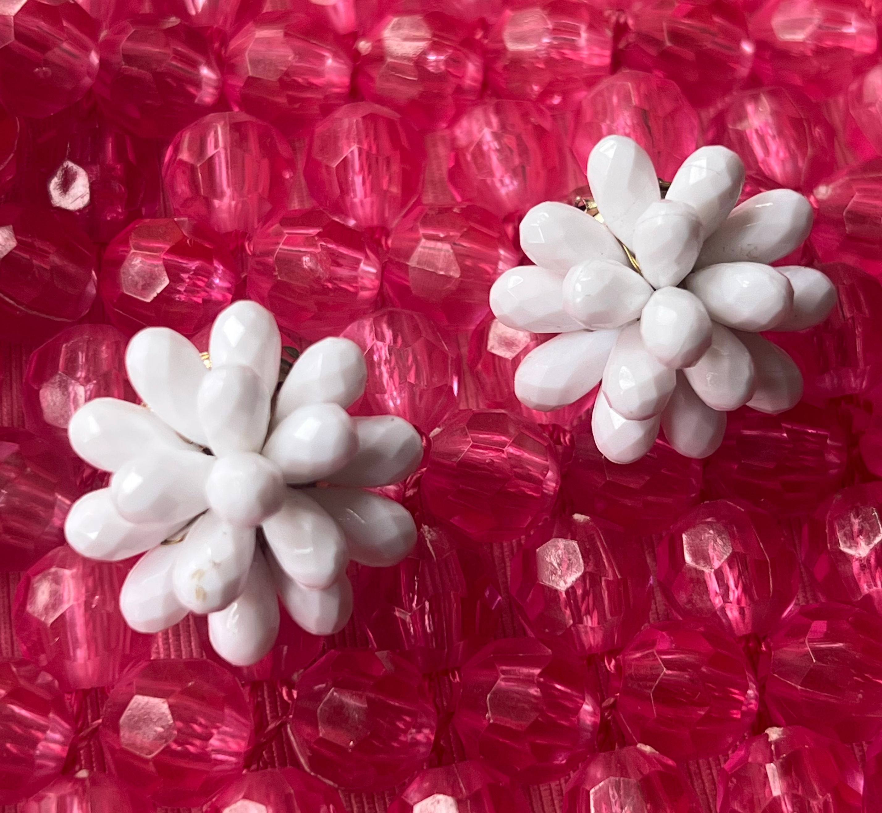 1960s White Acrylic Cluster Clip On Earrings Front View