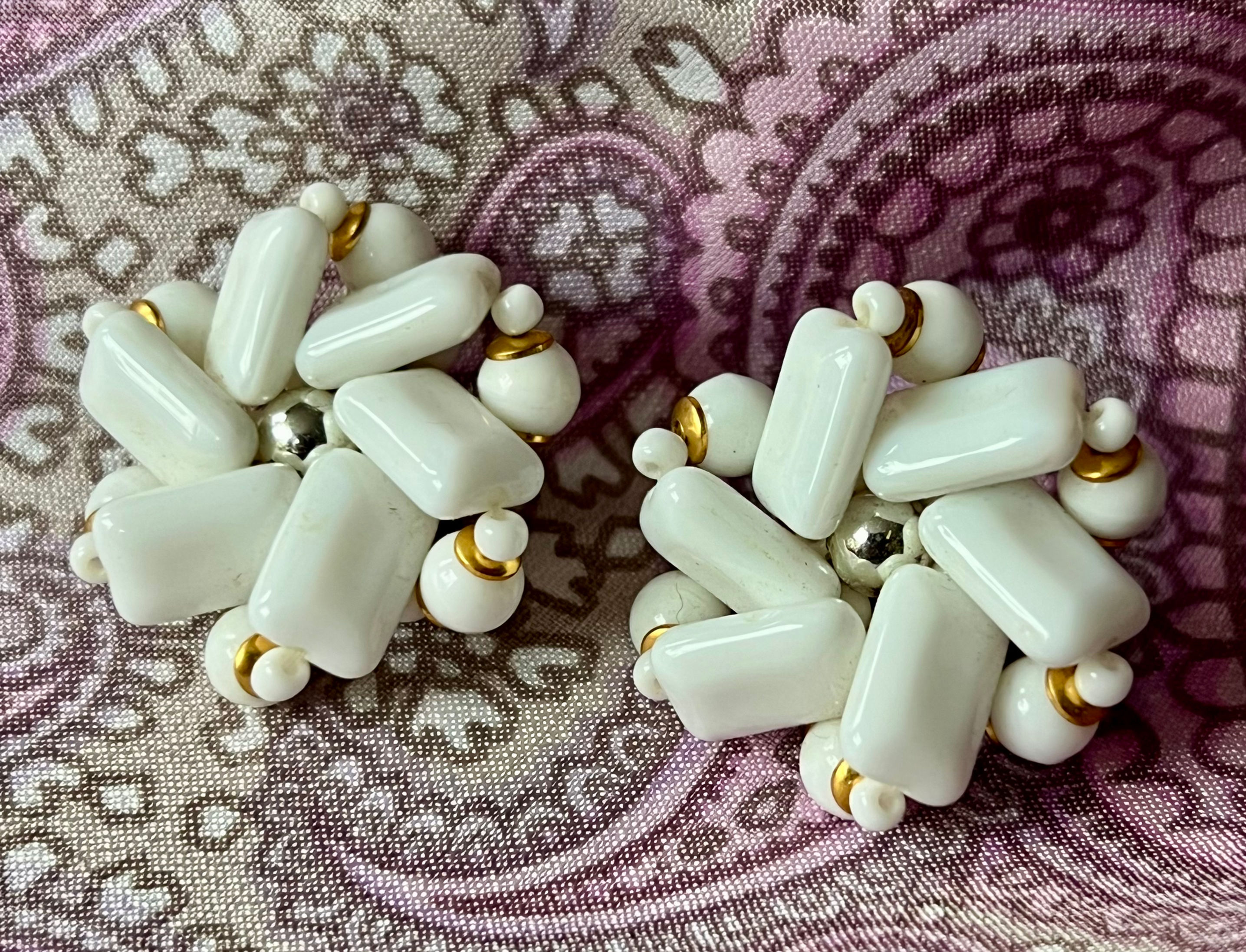 Beautiful Original 60s White Milk Glass Cluster Earrings Front Close Up  View