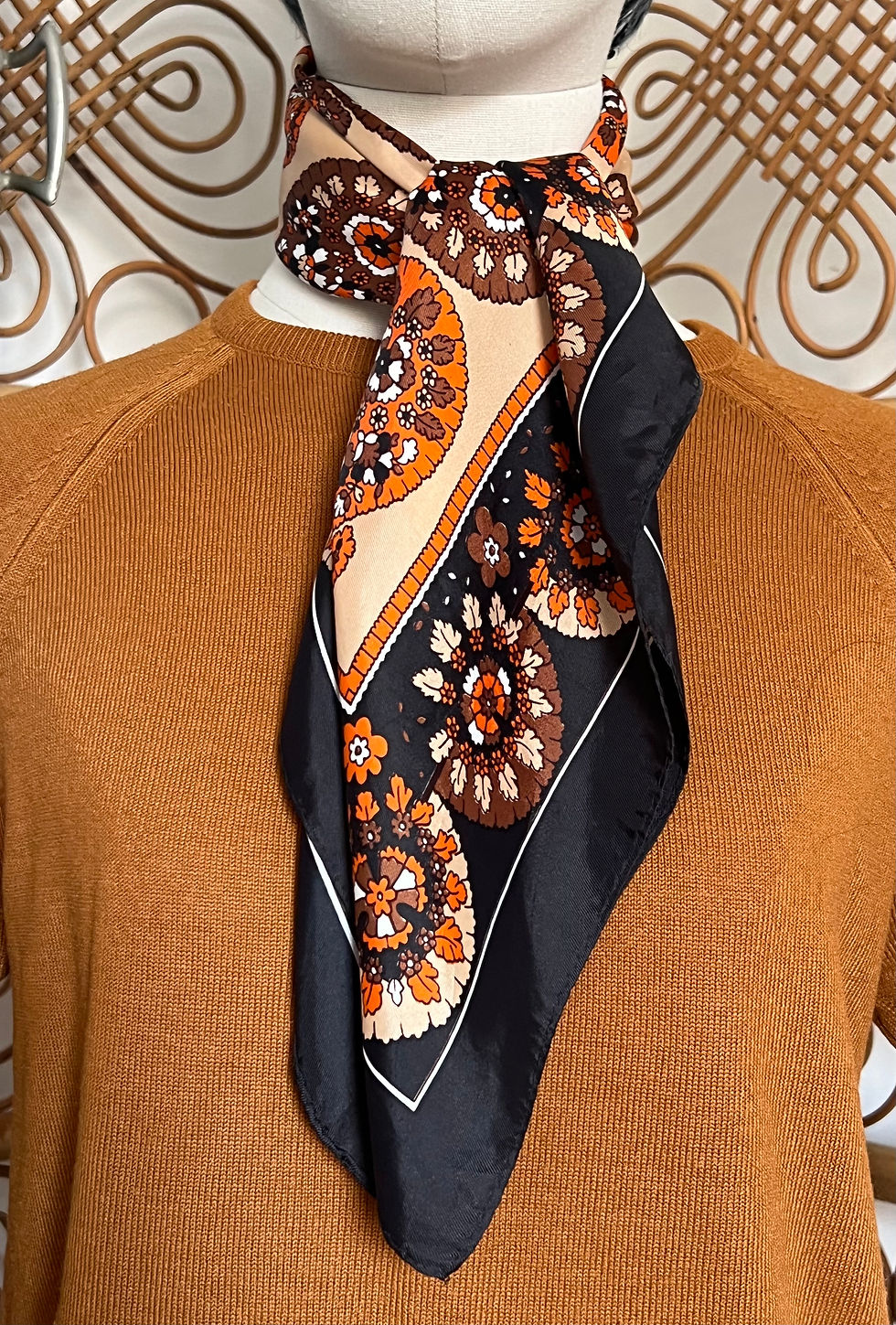 Thumbnail: Original 60s 70s Black Orange Paisley Square Scarf  Neck Tied View