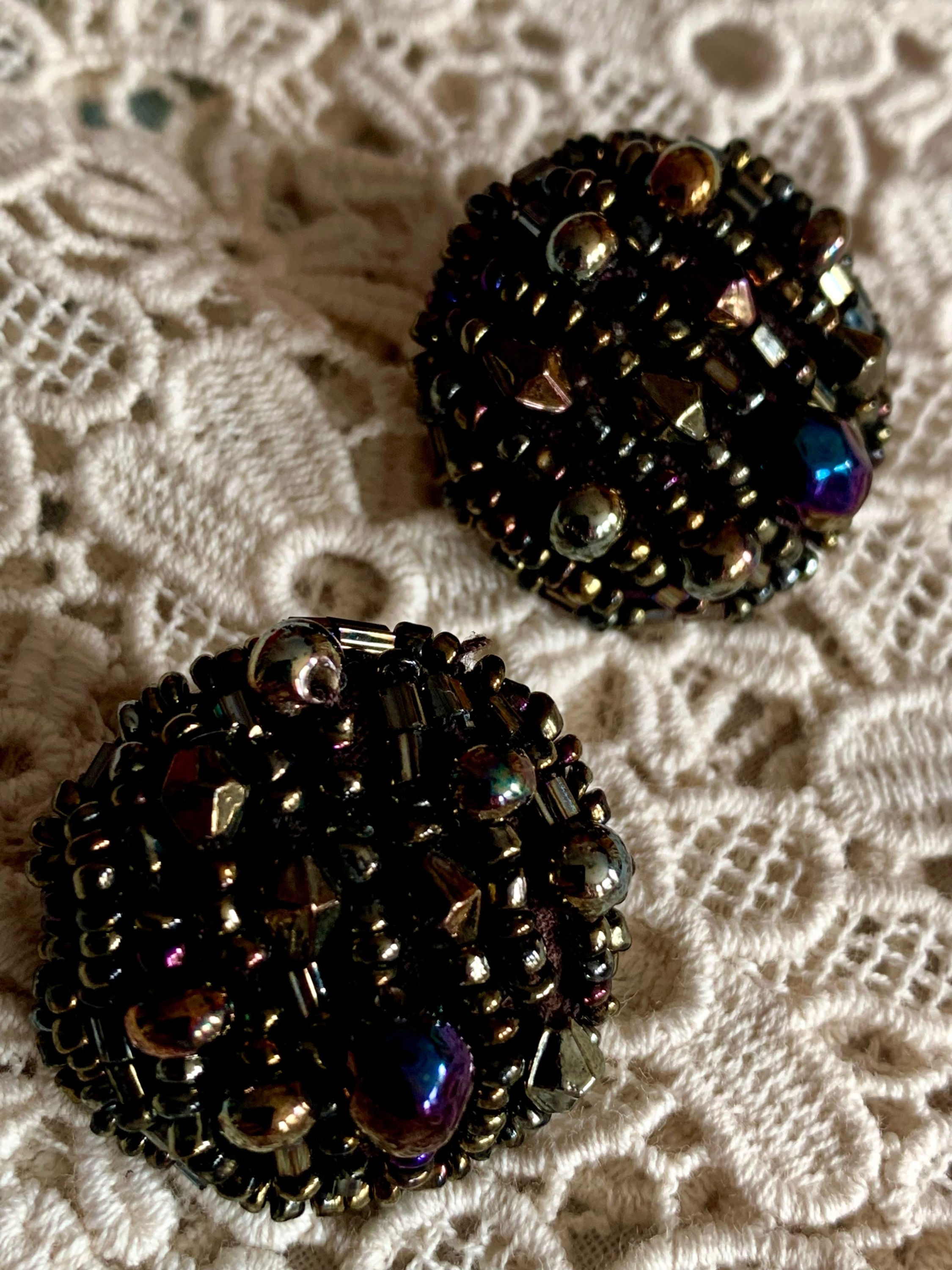 1960s Black Gold Carnival Colour Round Beaded Clip On Earrings