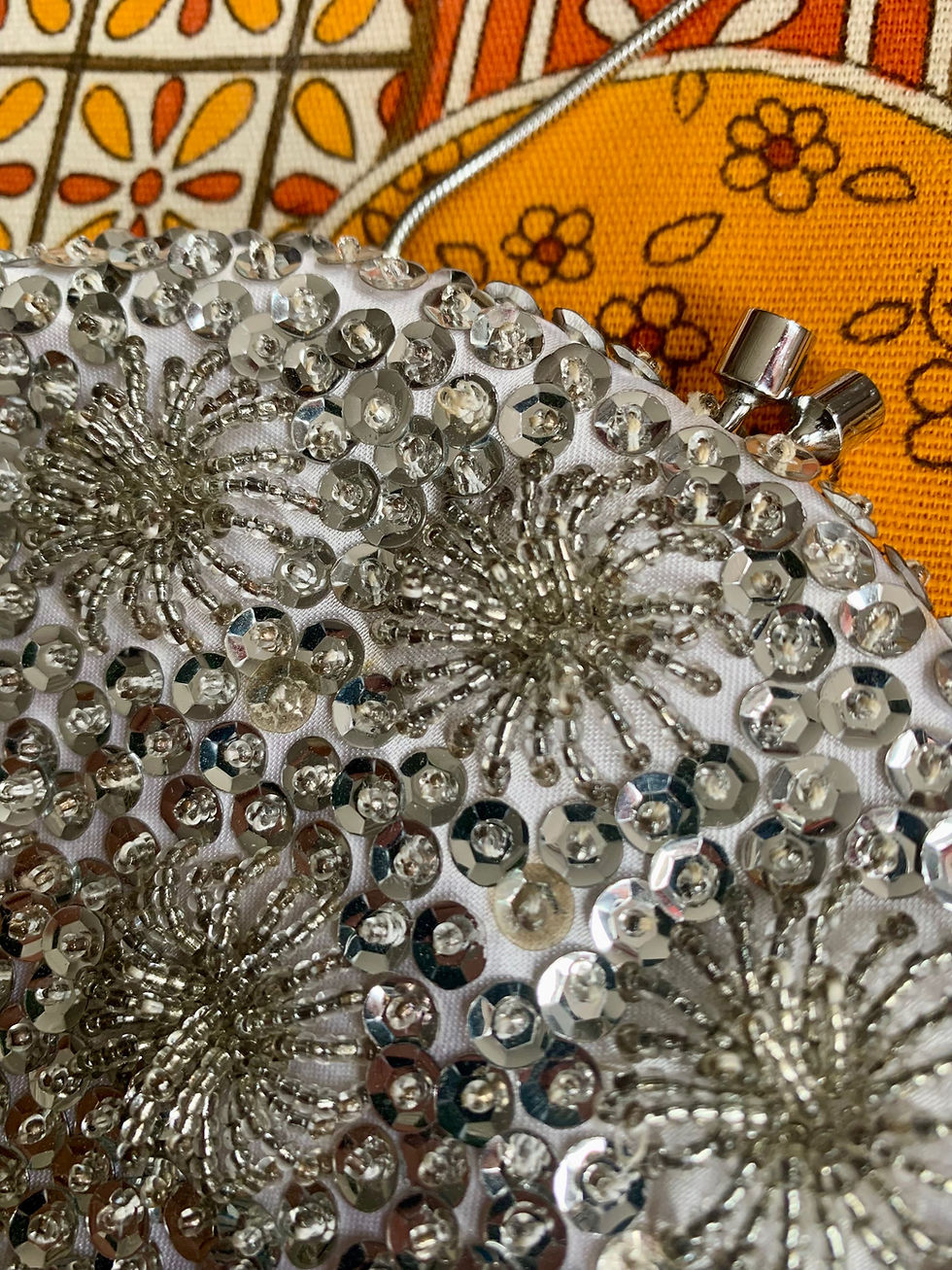 Thumbnail: 1960s Silver Beaded and Sequined Evening Handbag Close Up View