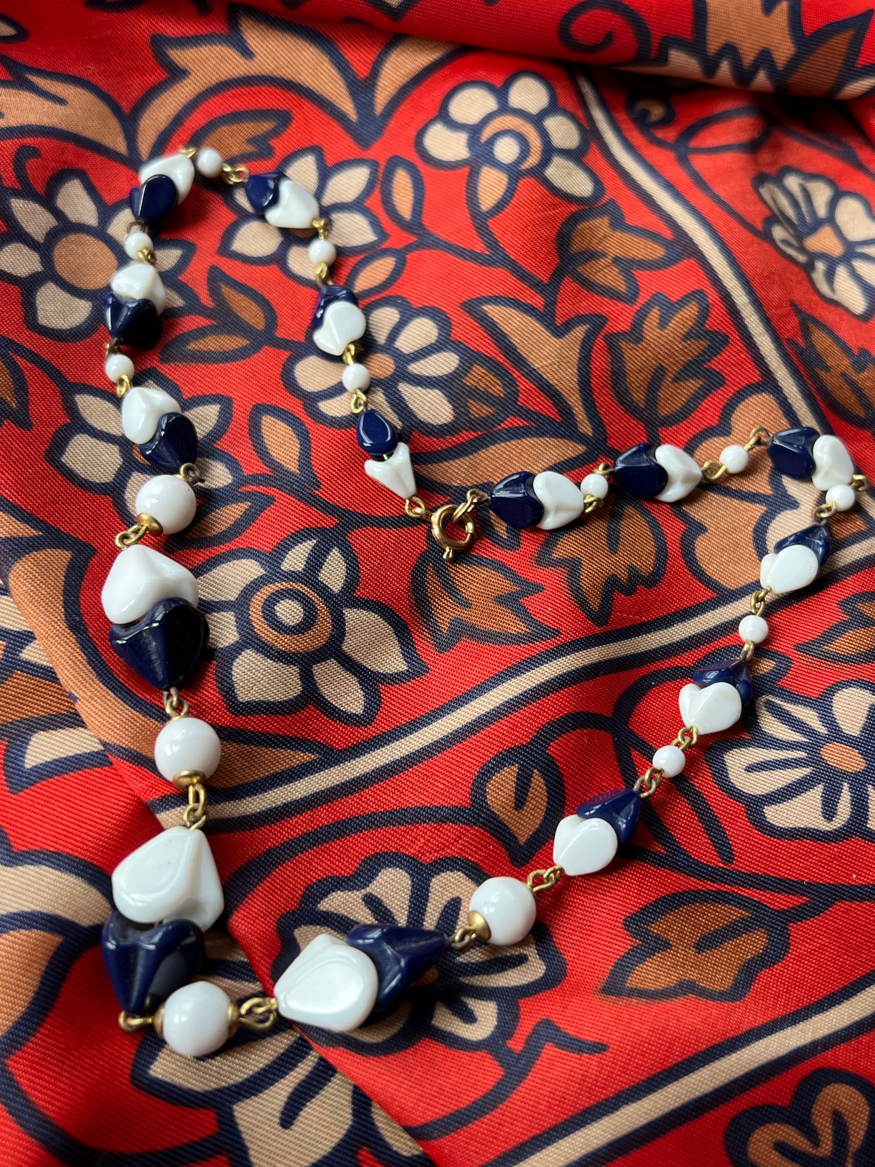 1950s 60s White Navy Milk Glass Necklace Above View