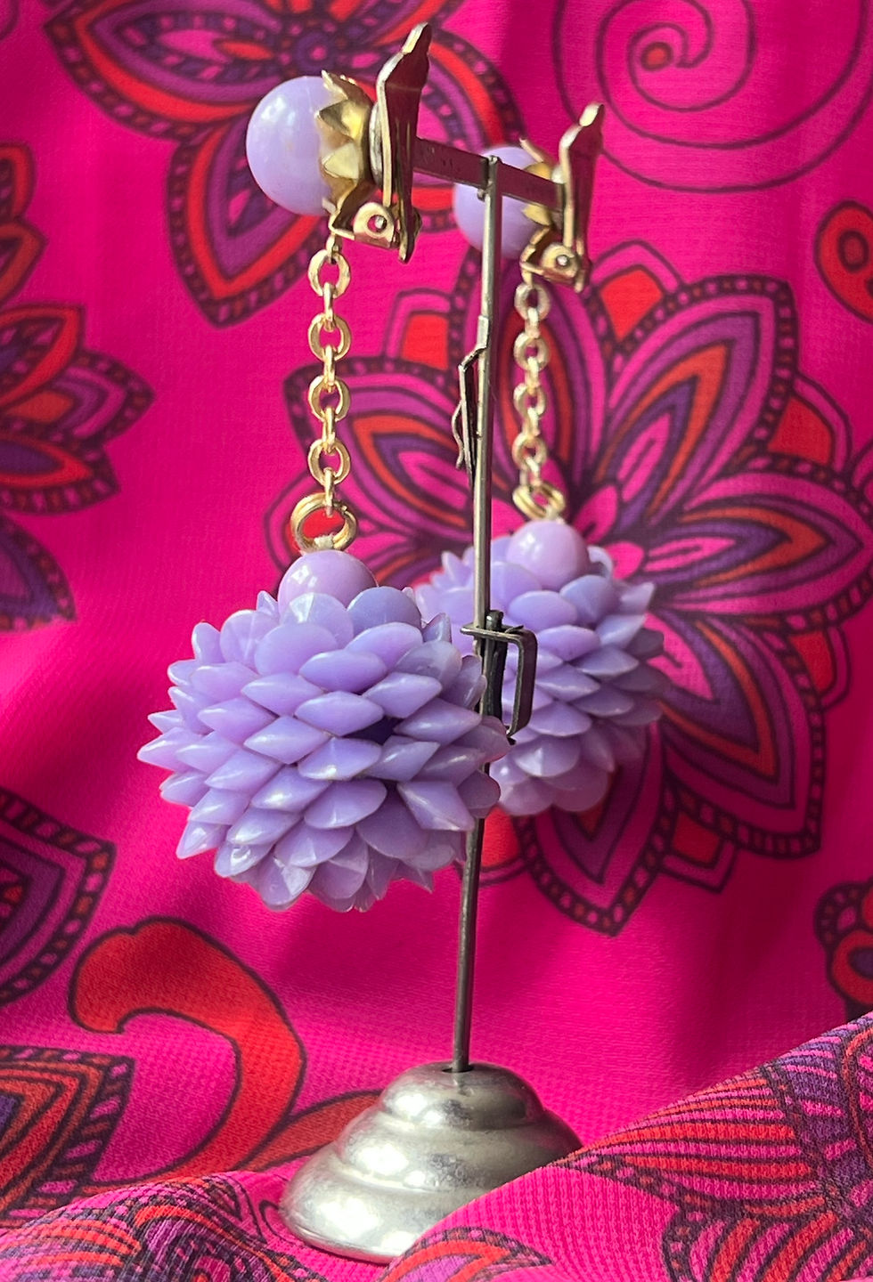 Thumbnail: 1960s Purple Lilac Beaded Dangly Clip On Earrings Side View