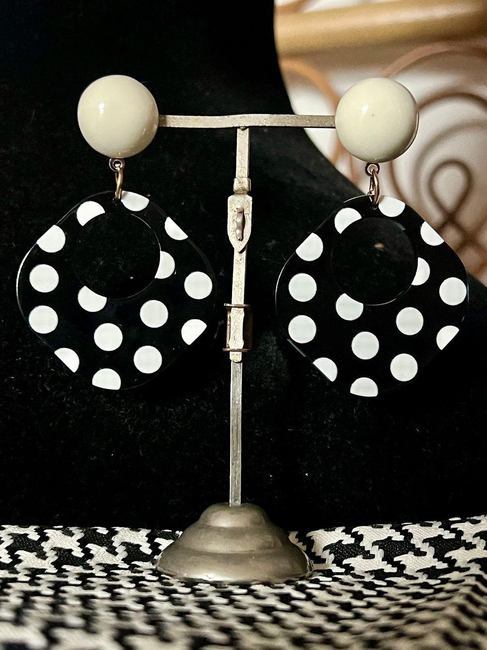 Acrylic 60s Style Black White Polka Dot Dangle Earrings Front View