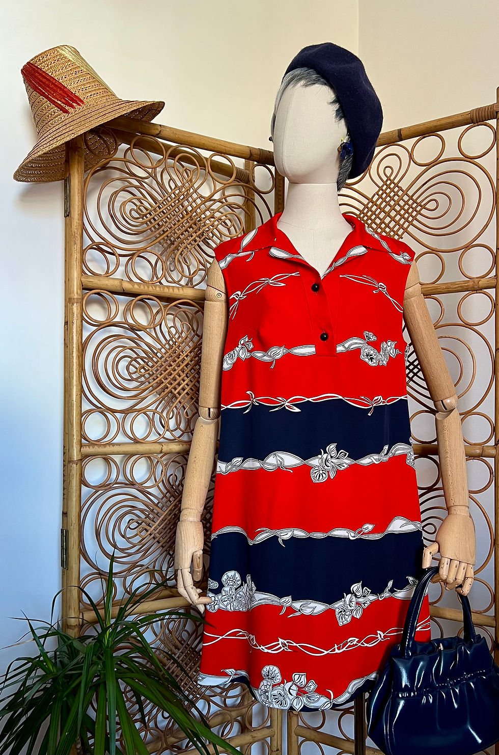 1970s Red White and Blue Stripe Floral Sleeveless Dress Front View
