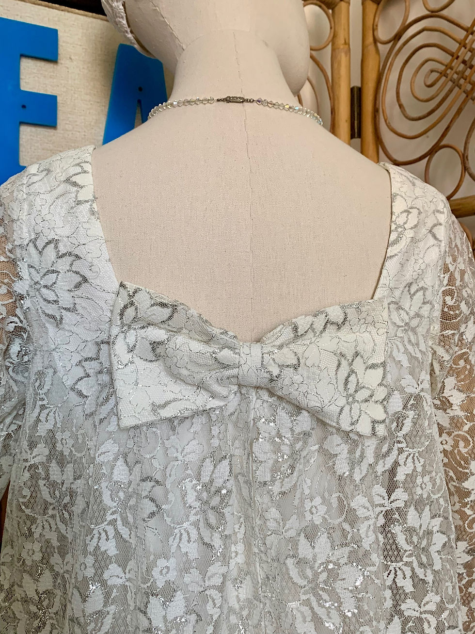 Thumbnail: Original 60s White Lace Silver Lamè Wedding Dress Front View
