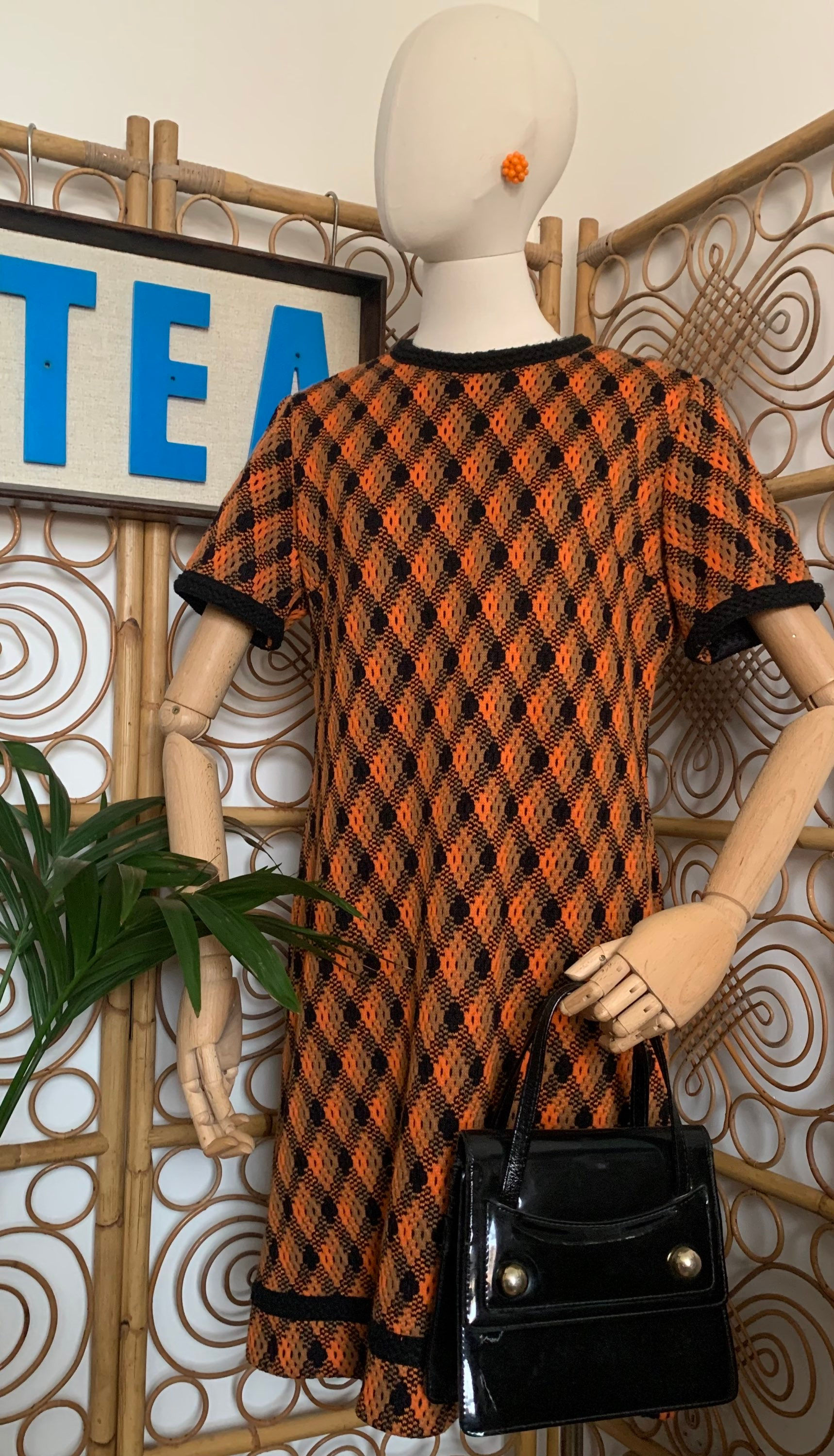 Orange and Black 1960s Diamond Pattern Mod Dress Front View