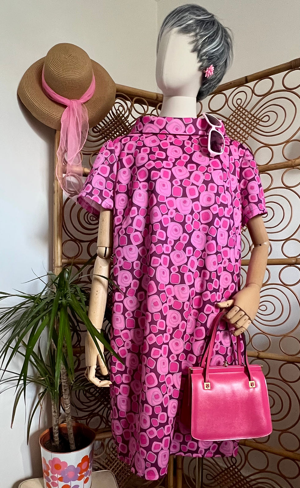 1960s Style Hand-Tailored Pink Purple Mod Dress Front View