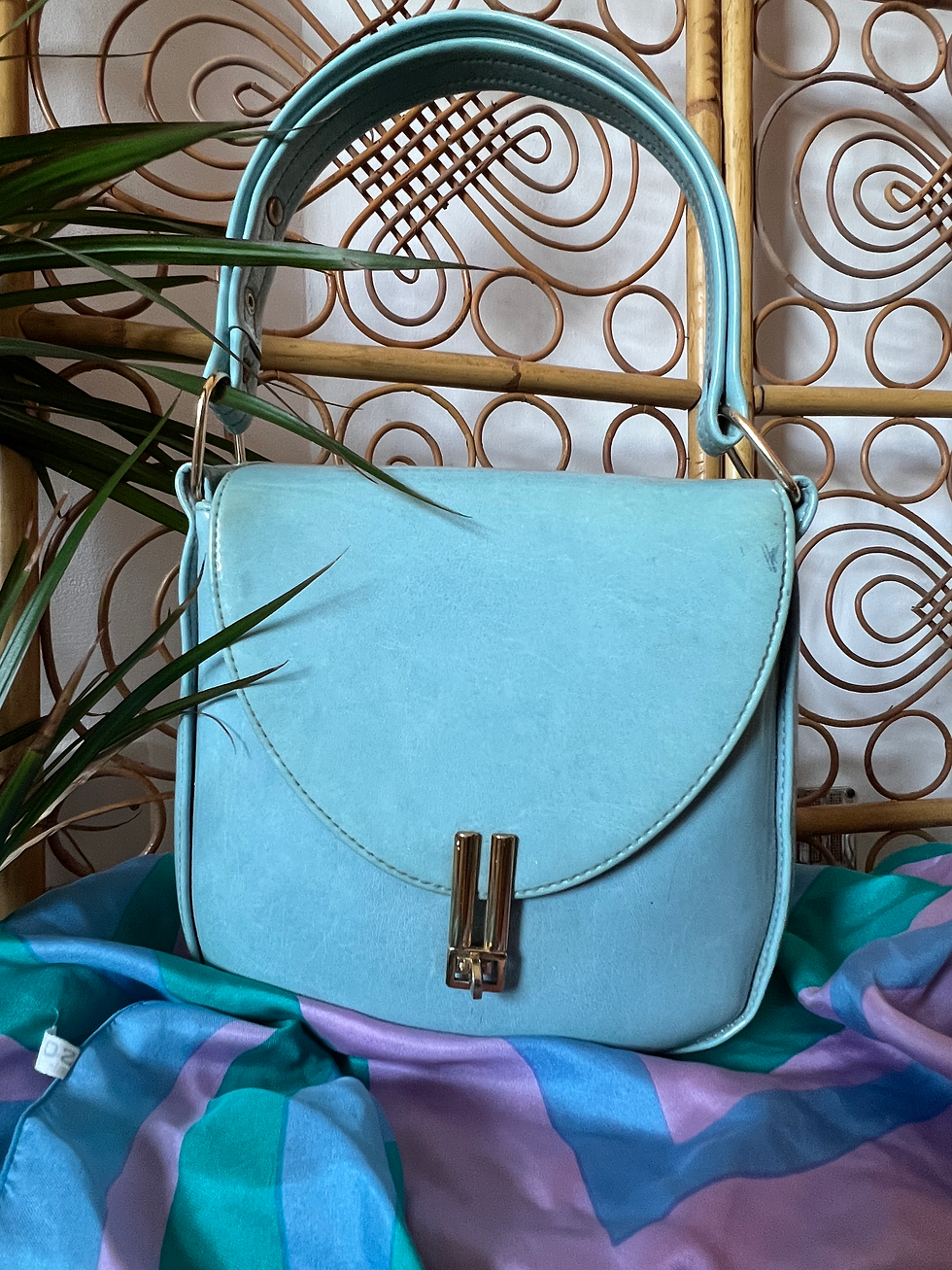 True Vintage 60s 70s Baby Blue Patent Handbag Front View