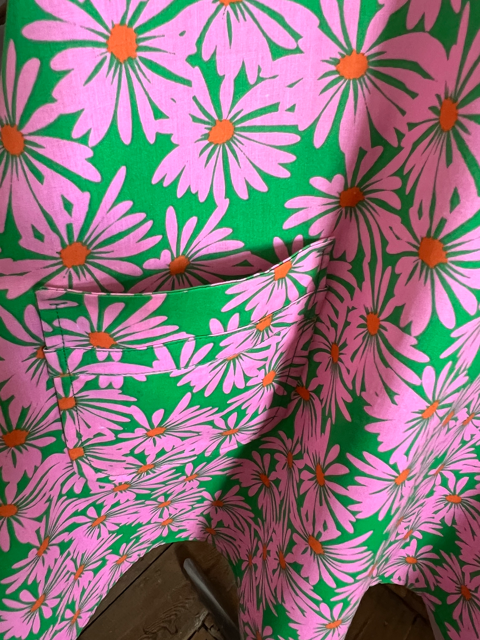 Thumbnail: Teri England Attire Floral Pink Green 60s Inspired Beach Dress Hat Set Front Pocket View