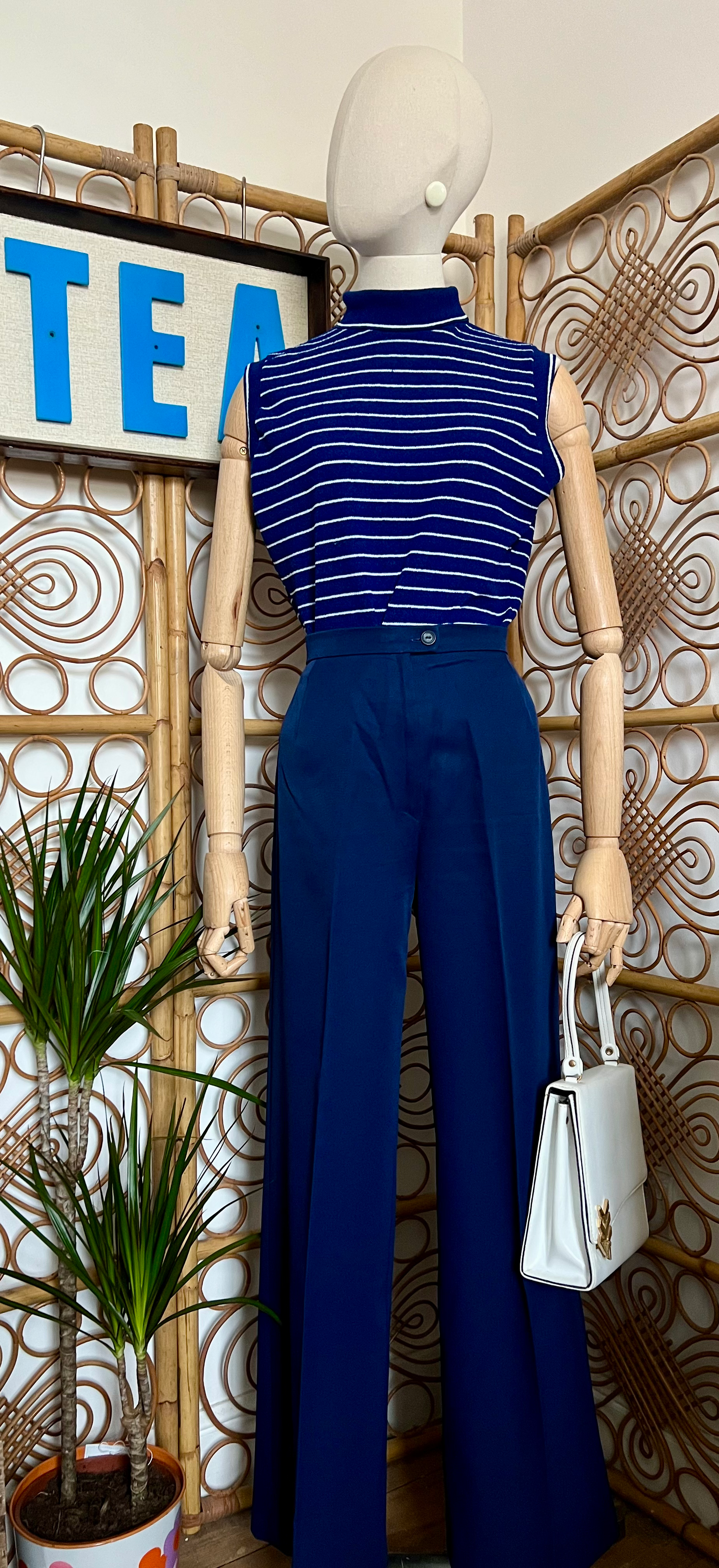 70s St Michael Navy High Waisted Wide Leg Trousers Front View