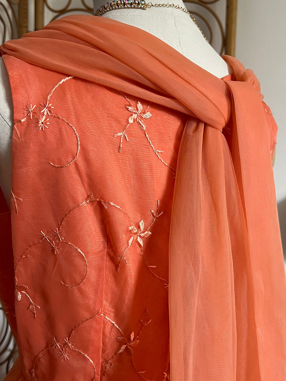 Thumbnail: Original 1960s Peach Chiffon Embroidered Prom Wedding Gown Close Up Chiffon  View