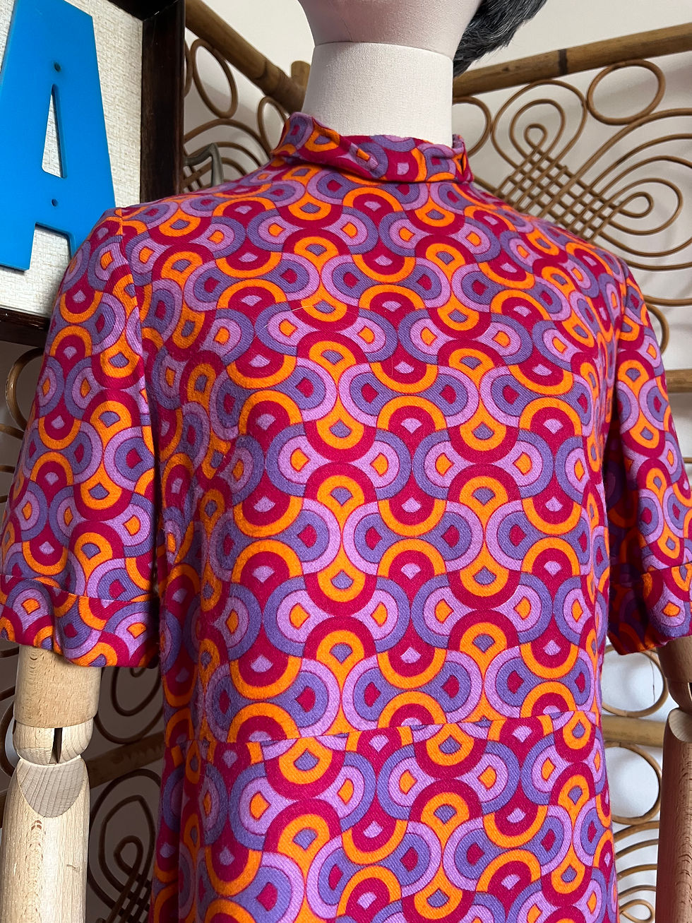 Original 60s Psychedelic Geometric Purple Orange Print Dress  Front Close Up  View