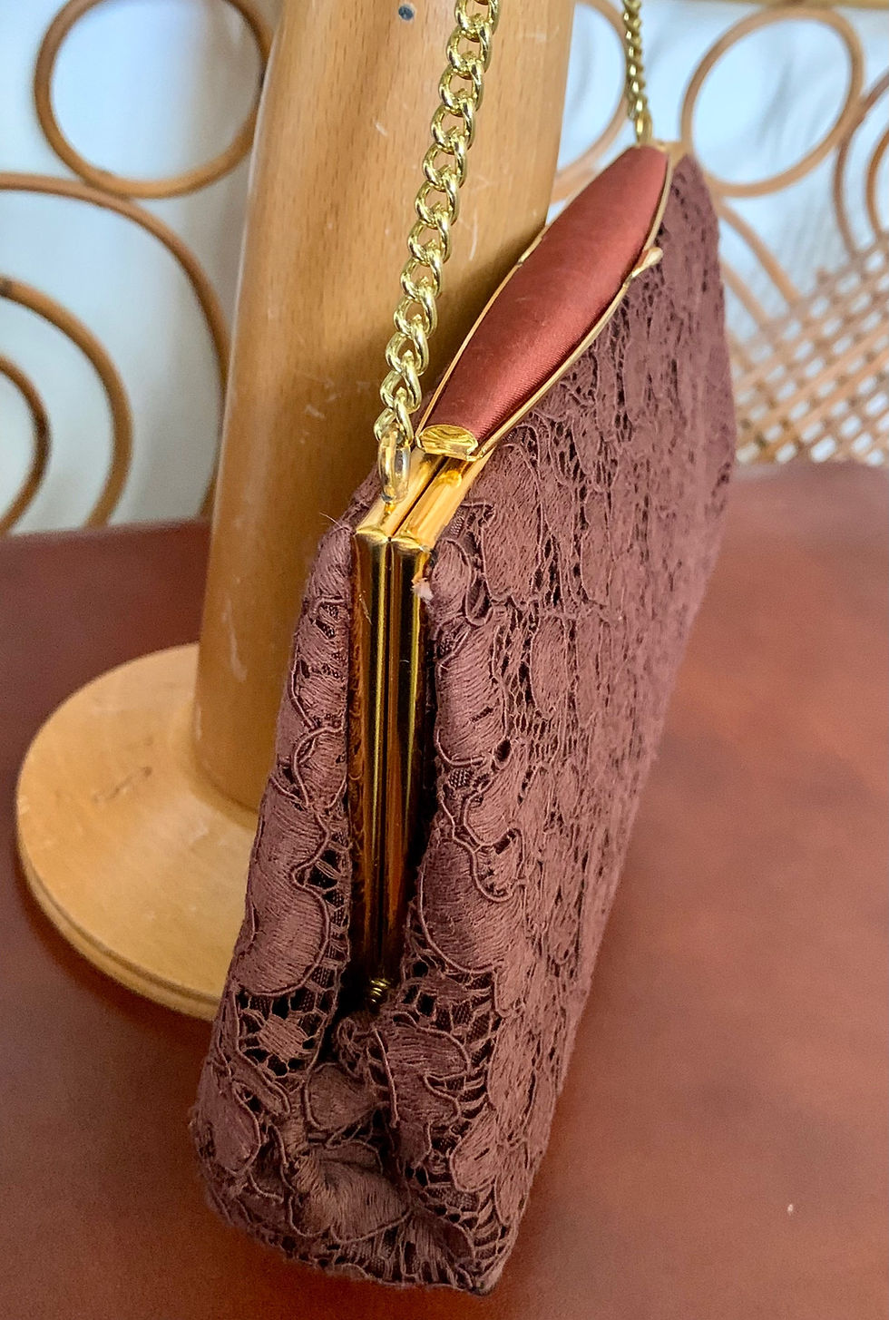 Thumbnail: True Vintage Dark Brown Satin Lace Handbag Side  View