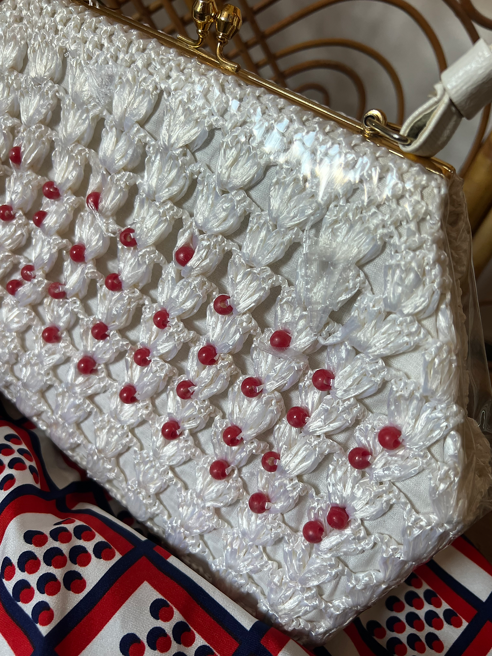 1950s 60s White Raffia Vinyl Covered Handbag Front Side View