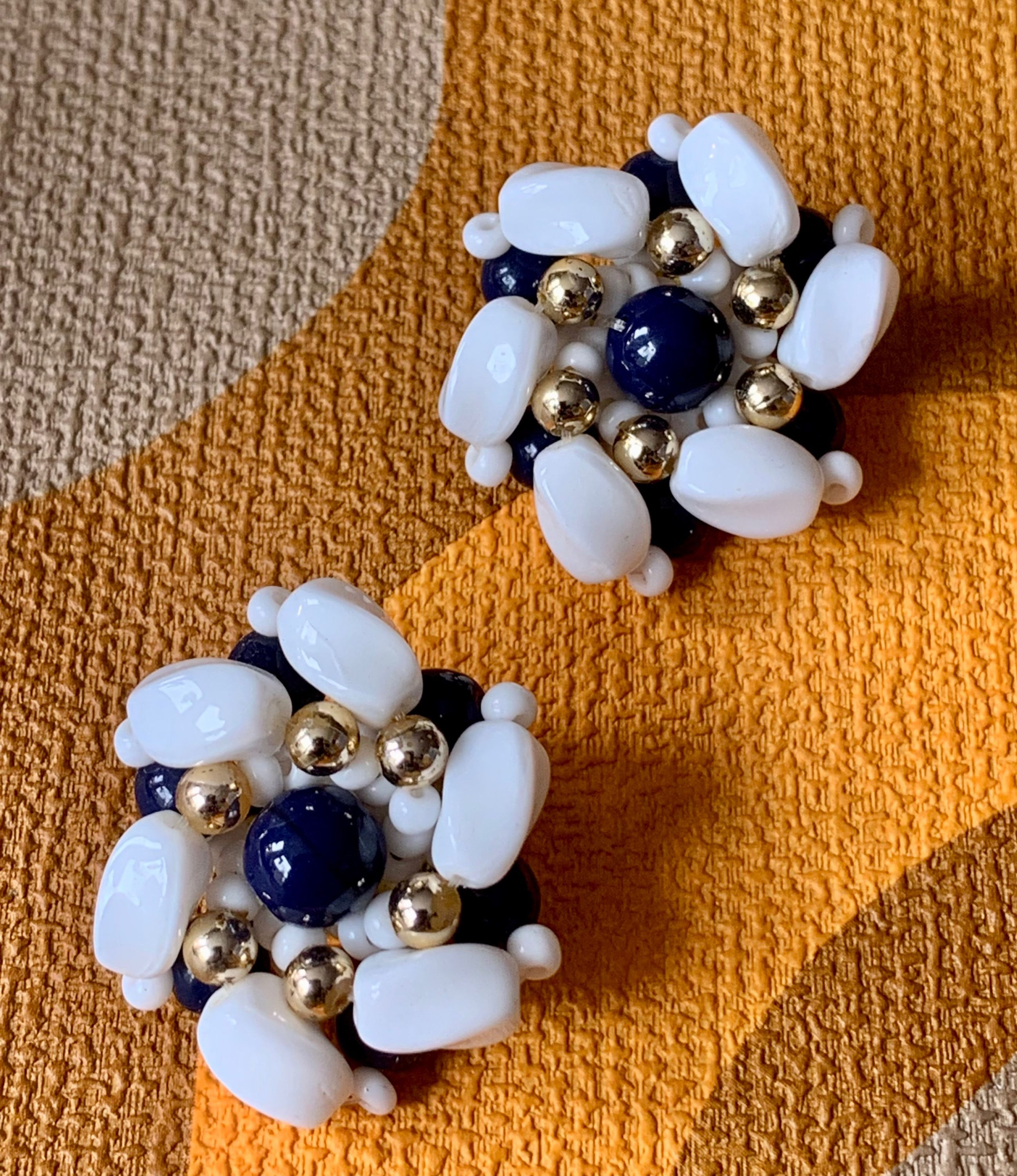 Statement White Milk Glass Navy Clip On Earrings