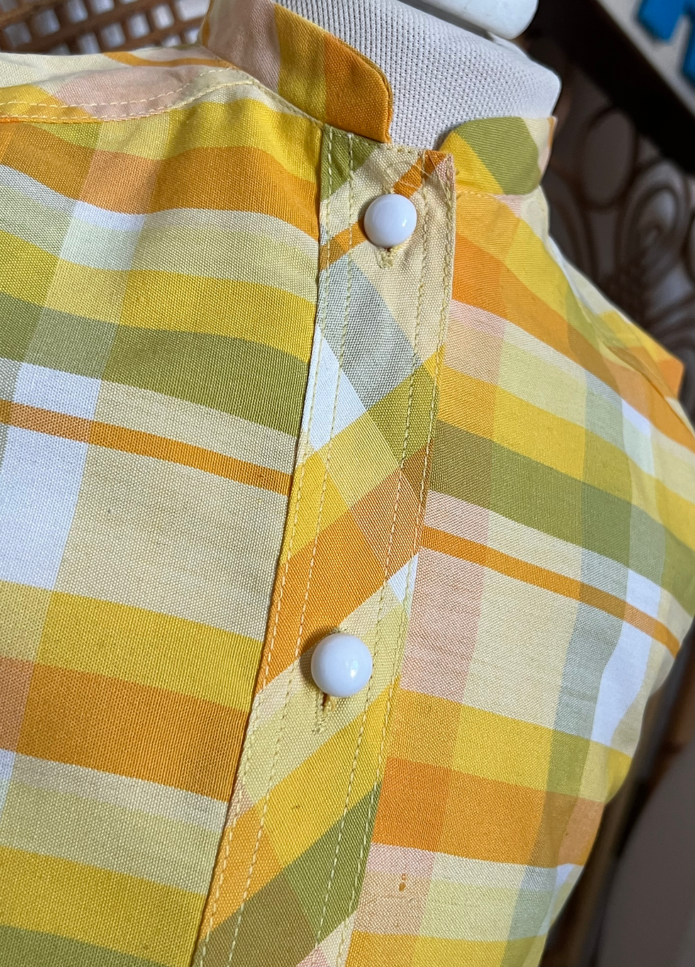 Thumbnail: True Vintage Childs Sleeveless Yellow Green Check Dress Front Close Up View