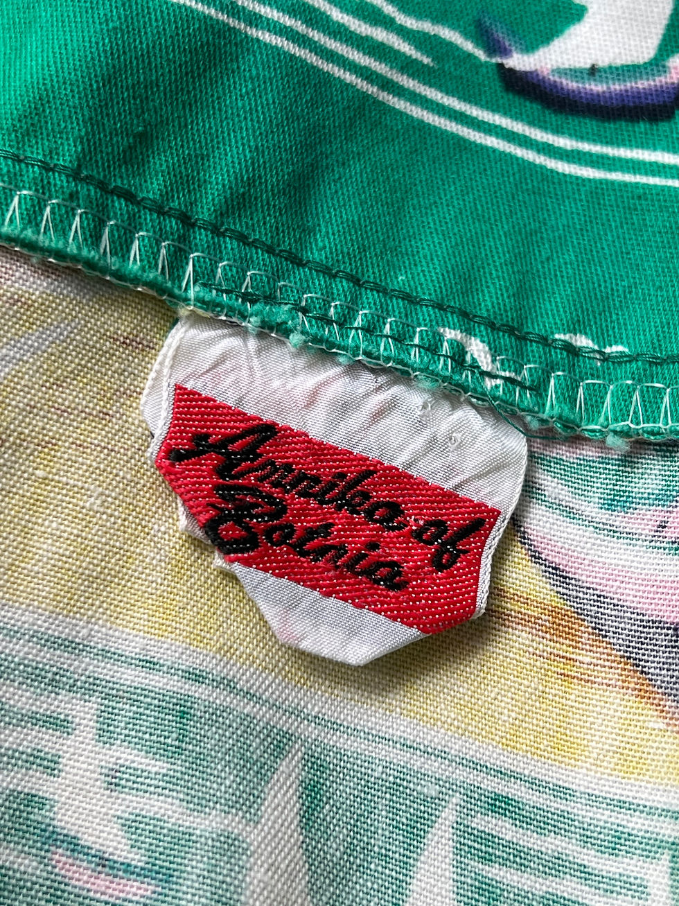 Thumbnail: Stunning 1970s Green Sailing Print Slip Over Beach Dress Inside Label  View