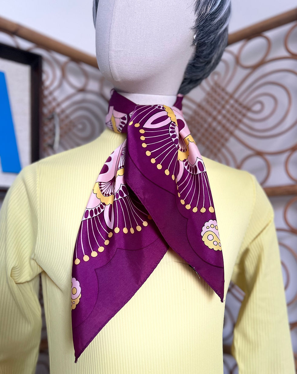 Thumbnail: Bold Paisley Style Print Purple and Yellow 60s Square Scarf Tied  View