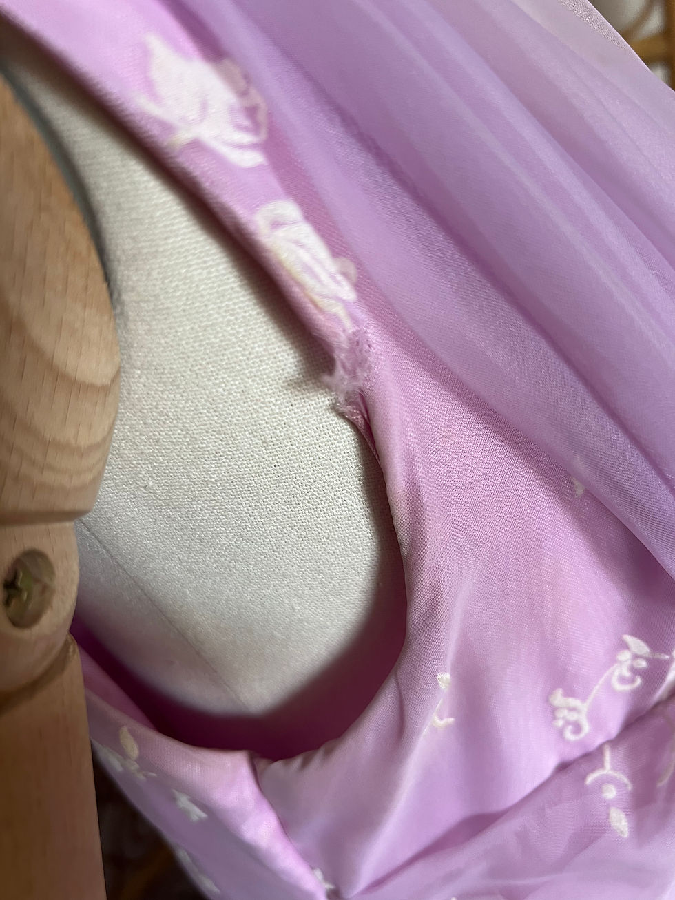 Thumbnail: Original 1950s 60s Lilac Chiffon Flocked Gown Prom Wedding Dress Front armpit seam fault View