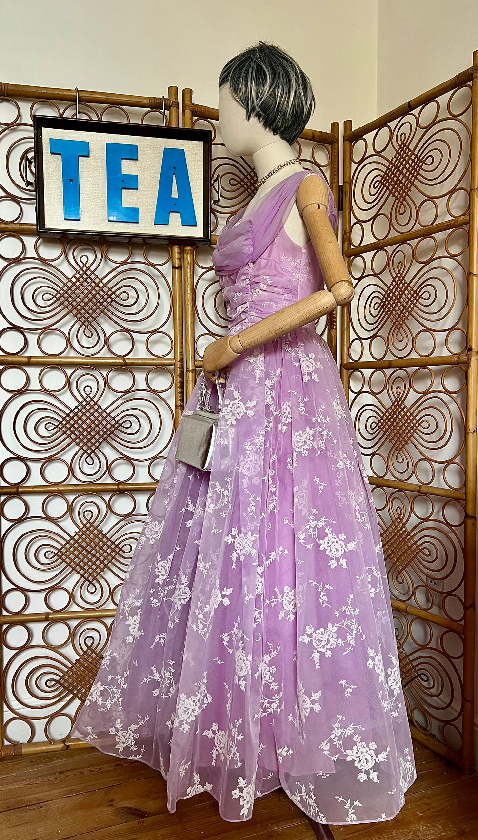 Thumbnail: Original 1950s 60s Lilac Chiffon Flocked Gown Prom Wedding Dress Side  View