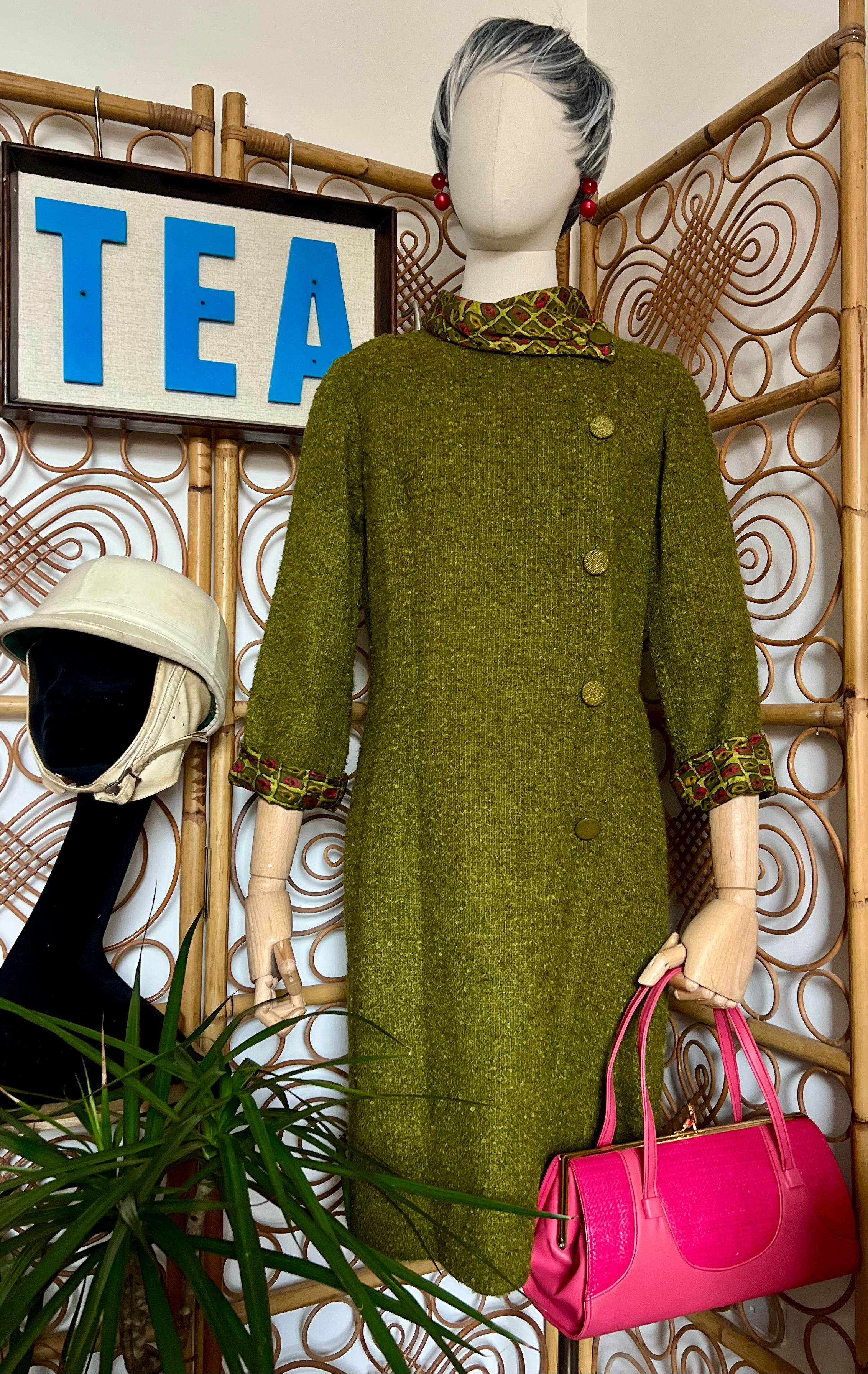 Early 60s Olive Green Pink Fitted Boucle Style Wool Dress Front View