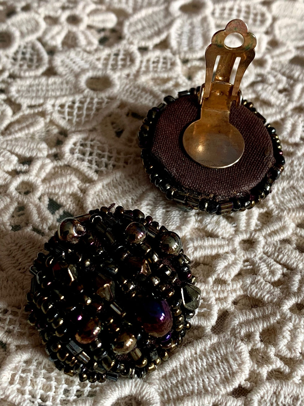 Thumbnail: 1960s Black Gold Carnival Colour Round Beaded Clip On Earrings